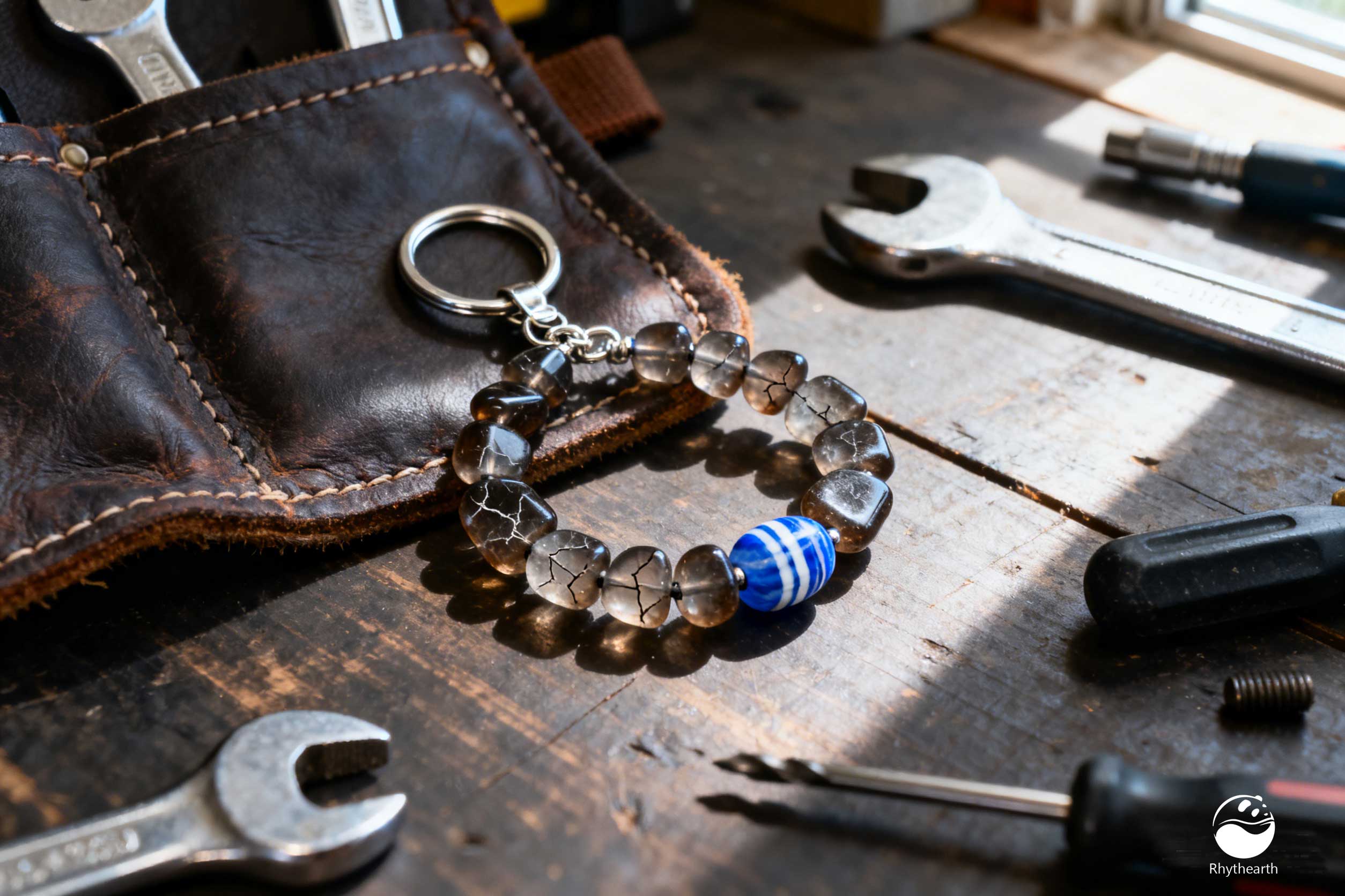 He keeps a small smoky quartz tumble and a blue lace agate bead on a keychain attached to his tool belt.